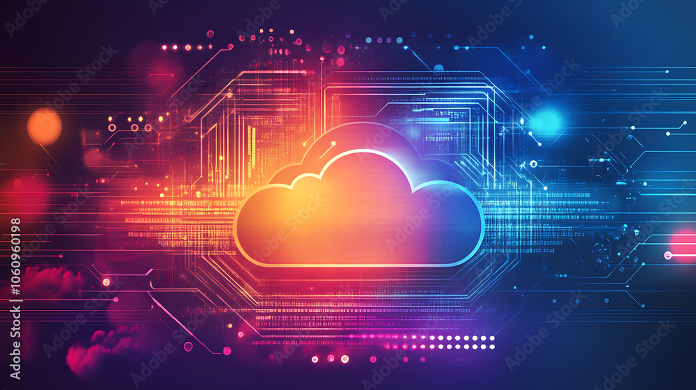 Poster Abstract digital background with cloud technology and binary code, representing a data transfer concept, with glowing lights and interconnected connections