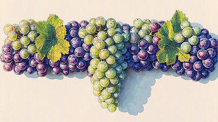 Three bunches of grapes, two red and one green, laid out on a white background.