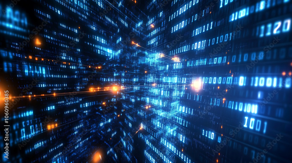 Poster Abstract digital background with cloud technology and binary code, representing a data transfer concept, with glowing lights and interconnected connections