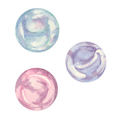 Three translucent watercolor bubbles in soft hues of blue, pink, and lavender. This whimsical bubble clipart can enhance childrens book designs, aquatic-themed merchandise, or educational materials