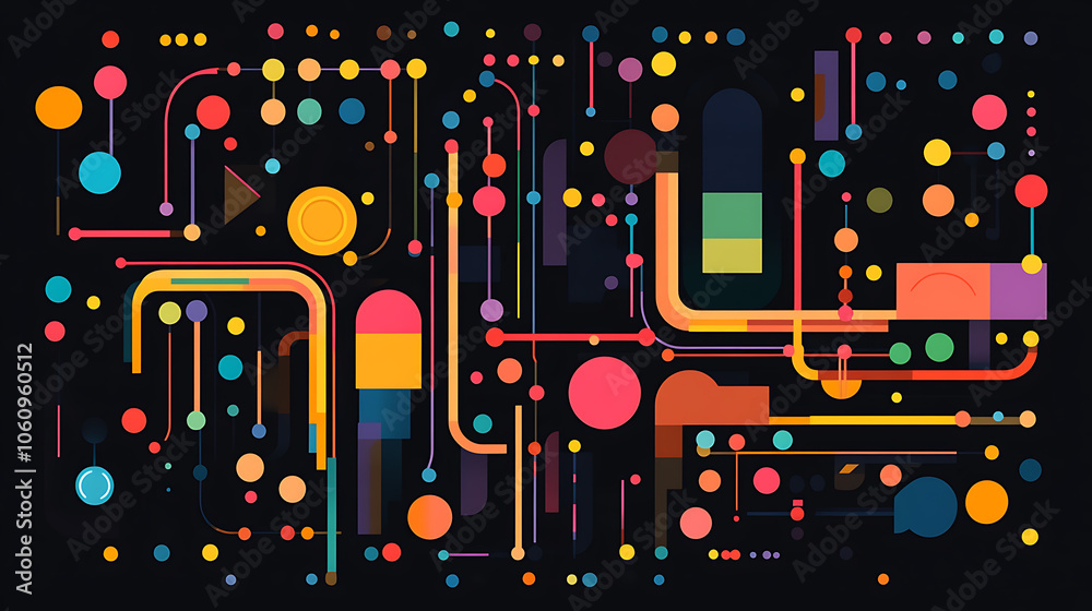 Leinwandbilder Abstract flat background with colorful lines and dots on black, simple geometric shapes forming an illuminated subway map pattern