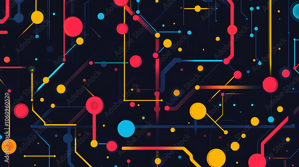 Poster Abstract flat background with colorful lines and dots on black, simple geometric shapes forming an illuminated subway map pattern