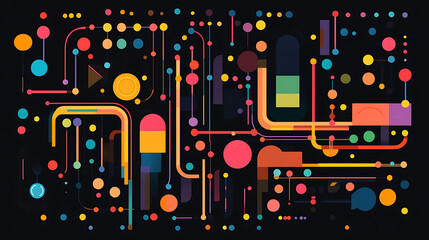 Abstract flat background with colorful lines and dots on black, simple geometric shapes forming an illuminated subway map pattern