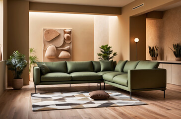Fototapeta premium Minimalist, loft interior design of modern living room with earthy tones, featuring olive green sectional sofa, a textured wall art piece, and modern decor elements, warm and cozy