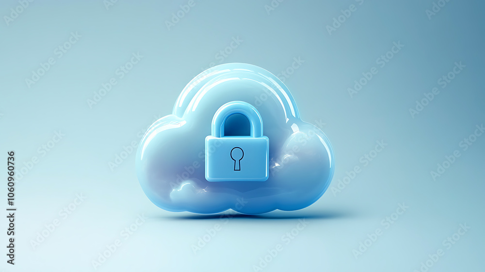 Poster Abstract illustration of cloud security services, stylized cloud icon integrated with a secure padlock symbol, representing data protection and cybersecurity in cloud computing environments