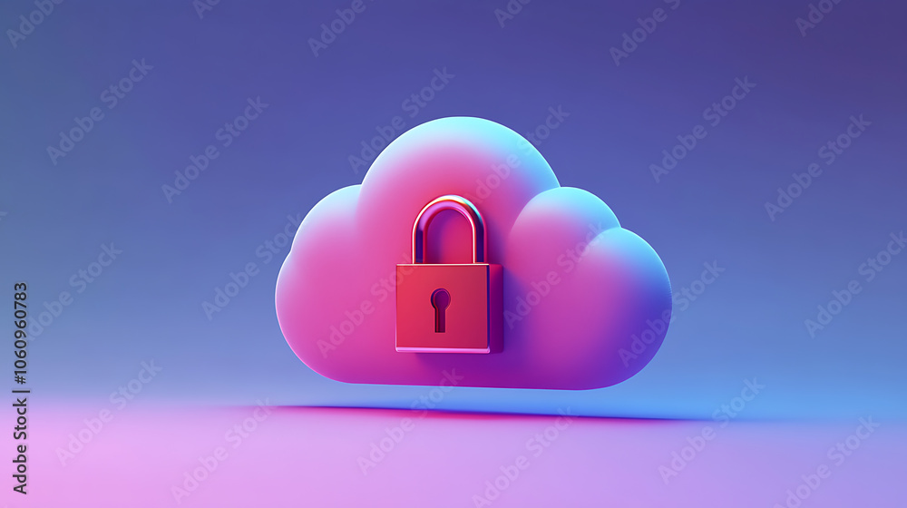 Poster Abstract illustration of cloud security services, stylized cloud icon integrated with a secure padlock symbol, representing data protection and cybersecurity in cloud computing environments