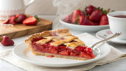 A warm slice of homemade strawberry rhubarb pie on a plate, surrounded by fresh strawberries and tea in a cozy kitchen setting. Generative AI