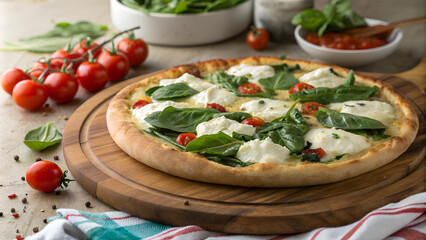 Spinach and ricotta pizza with a golden crust served fresh on a wooden board, garnished with cherry tomatoes and basil. Generative AI