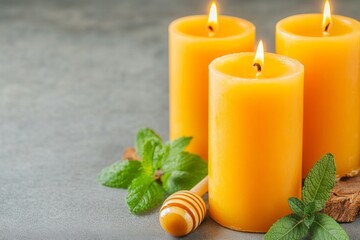 Warm organic beeswax candles with honey and herbs on a rustic table for eco-friendly decor