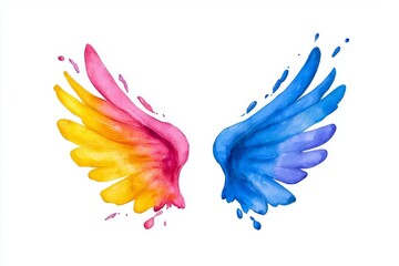 Obraz premium Isolated on a white background, Grunge Style Bird Wings with Paint Splatters, Ink Drips, Rainbow Colors.