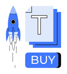 Rocket taking off beside stacked documents with a large T and a prominent blue BUY button. Ideal for tech startups, online shopping, business growth, digital marketing, product launches, investment
