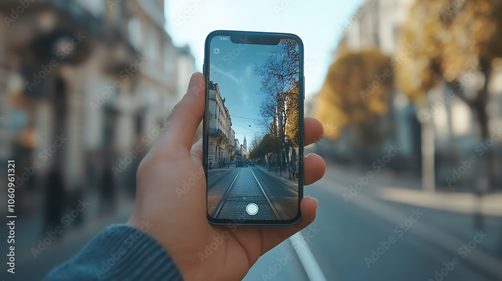 Fototapete an augmented reality marketing concept where a hand holds a smartphone using an ar application to pl