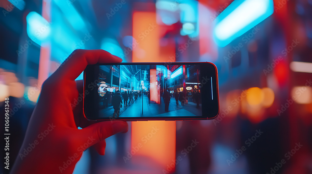 Fototapete An augmented reality marketing concept where a hand holds a smartphone using an AR application to play a video for customers