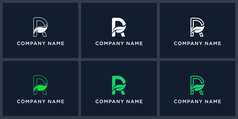 set abstract letter R green leaf logo design