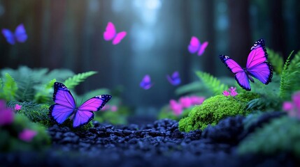 An enchanted forest scene with butterflies, flowers, and copy space. A fairytale outdoors background created by stock.