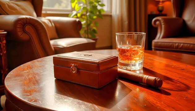 Leather  snuff box with cigar and glass of whiskey on wooden table, cozy living room atmosphere
