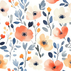 Watercolor floral seamless pattern print hand painting with abstract flowers, leaves and plants, design texture. Tileable Seamless pattern watercolor floral botanical pattern for textile, stationery