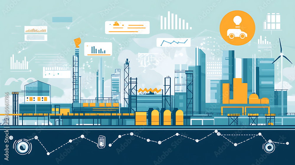 Poster An illustration of business process automation concept, showcasing graphs for distribution analysis and consumption monitoring in a high, tech digital environment