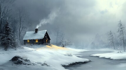 Fototapeta premium A cozy cabin sits nestled in a snowy forest, smoke rising from its chimney, with a river winding through the landscape.