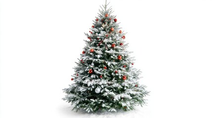 Fototapeta premium Beautifully decorated Christmas tree with snow accents on a clean white background, perfect for festive designs.