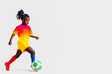 Obraz premium A young girl energetically kicks a colorful soccer ball on a minimalistic light gray background