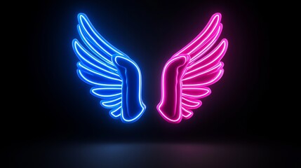 Obraz premium An abstract neon angel wing with pink and blue lights on a UV geometric background - a cyberspace futuristic wallpaper