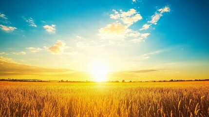 Fototapeta premium Golden Wheat Field Under a Vibrant Sunset Sky