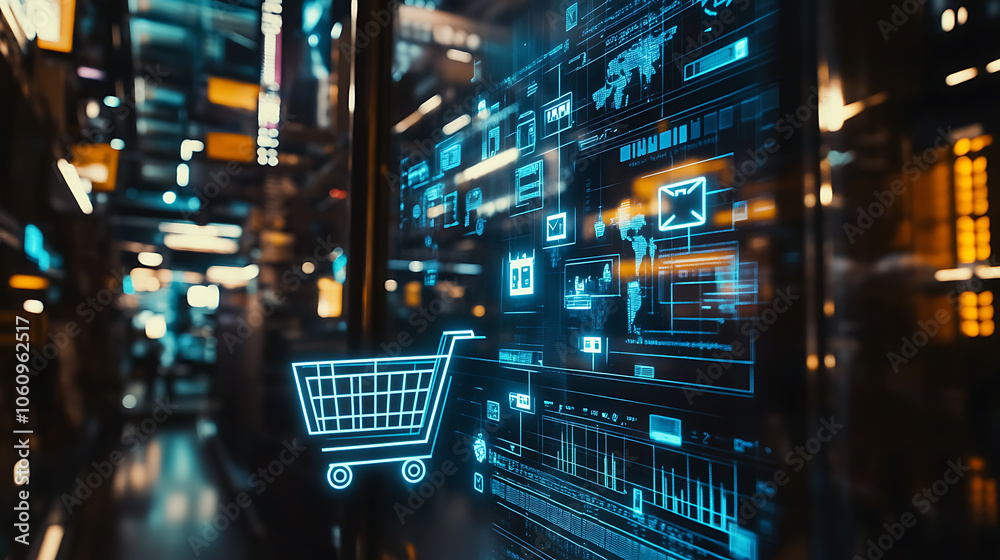 Aufkleber Artificial Intelligence in Retail concept, featuring a high, tech background and a prominent shopping cart symbol, symbolizing the integration of AI in shopping experiences