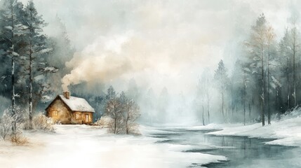A cozy cabin sits on a snowy landscape with a frozen river in the foreground and tall trees behind it. Smoke rises from the chimney.