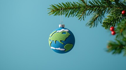 An Eco-Friendly Christmas Concept with Peaceful Globe Ornament Hanging on a Winter Tree Branch