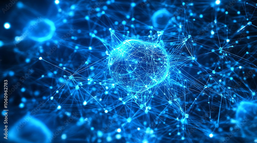 Aufkleber abstract blue digital waves with artificial neural network connections, cyber background