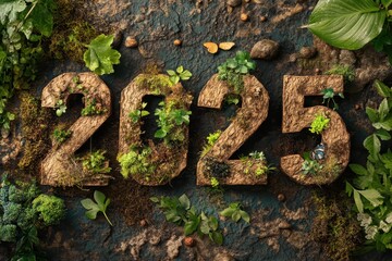 Moss-covered numbers representing the year 2025 on a textured surface adorned with greenery and plants