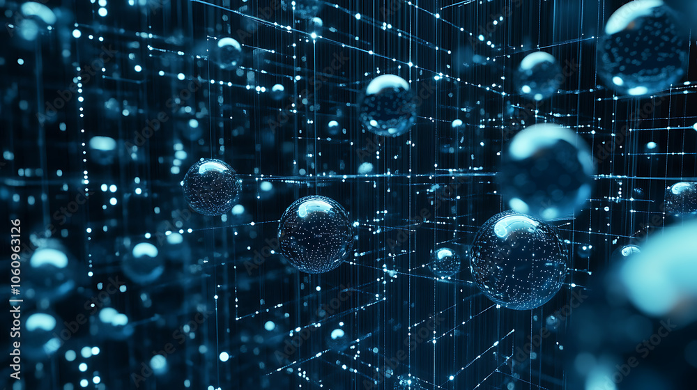 Poster Big data visualization showcasing information analytics with abstract streams of information, ball arrays, and binary code, Filtering machine algorithms and data sorting in technology background