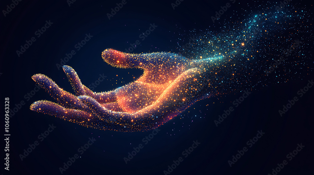 Poster Abstract digital wave dots background with gradient color and hand shape technology concept design for banner or poster on dark blue background