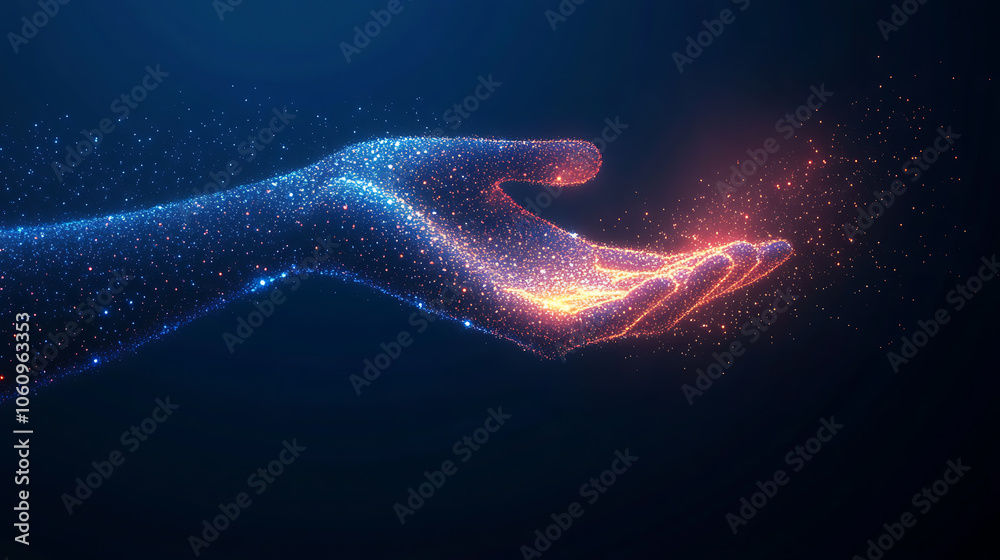 Leinwandbilder abstract digital wave dots background with gradient color and hand shape technology concept design f