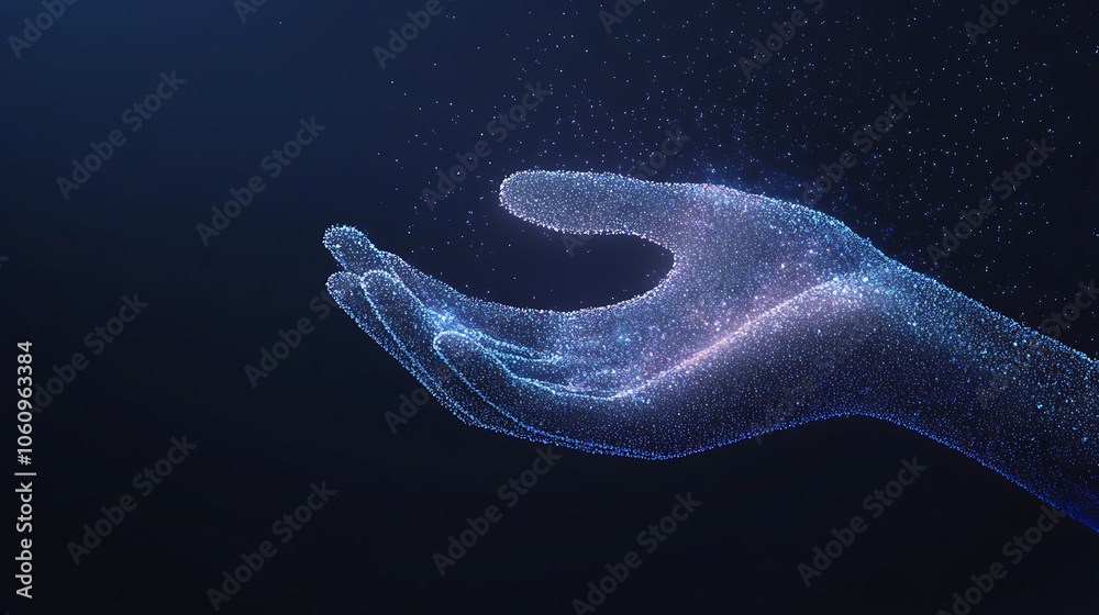 Leinwandbilder abstract digital wave dots background with gradient color and hand shape technology concept design f