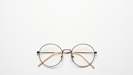 Classic black-rimmed round glasses placed on a clean surface, representing simplicity and elegance. Everyday things for reading and style.