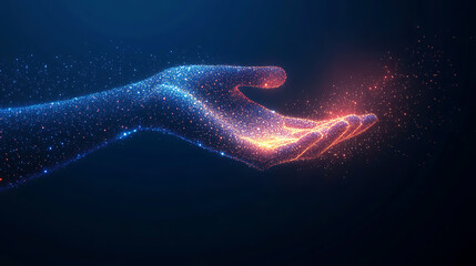 Abstract digital wave dots background with gradient color and hand shape technology concept design for banner or poster on dark blue background
