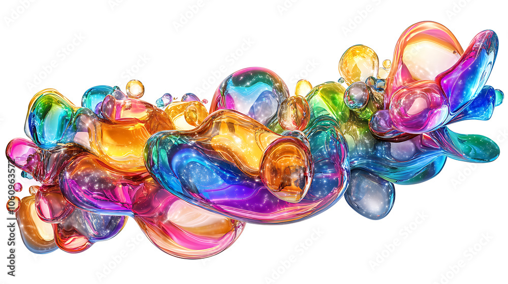 Poster abstract holographic liquid bubbles glossy 3d shapes isolated on white background digital art
