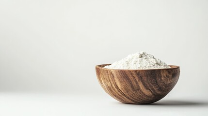Close-up of rustic wooden bowl filled with flour on a bright white background, simple and natural.