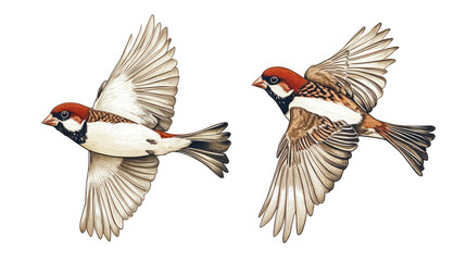 Obraz premium House Sparrows in Dynamic Flight Captured in Detailed Illustrations Generative AI