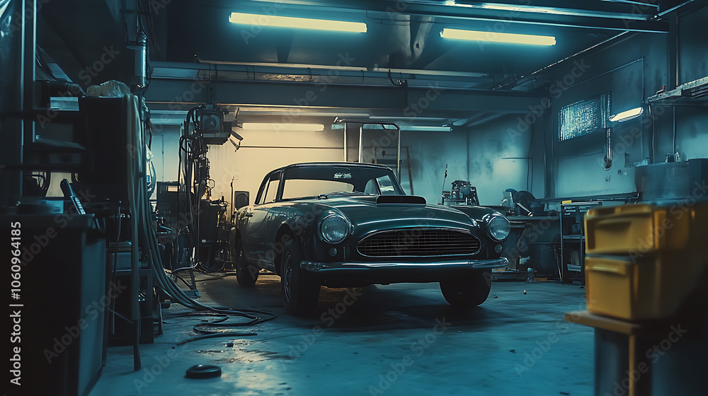 Aufkleber car undergoing maintenance in an auto repair shop focusing on quality service and the expertise of m