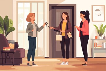 Fototapeta premium Real estate agent giving keys to happy couple buying new house