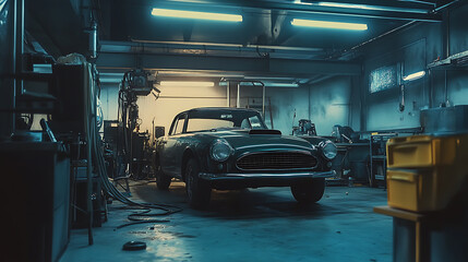 Car undergoing maintenance in an auto repair shop Focusing on quality service and the expertise of mechanics in ensuring vehicle safety and performance
