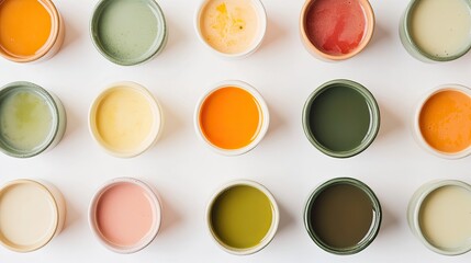 Creamy vegetable soups in various shades, captured from above on a clean white background.
