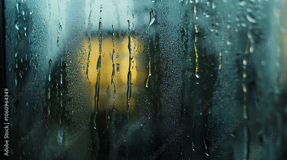 Poster close, up of double, glazed window condensation caused by excessive moisture in the house in winter 