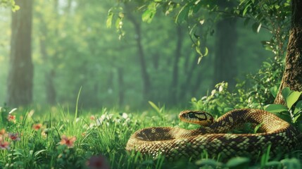 A snake resting on lush grass in a serene forest environment.