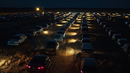 Aerial view of a long line of cars parked in a field at night.