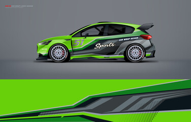 Fototapeta premium Racing Car branding mockup with racing wrap decal or livery design, Hatchback wrap design with green black grey background. Hatchback and sedan vector ready print printable file