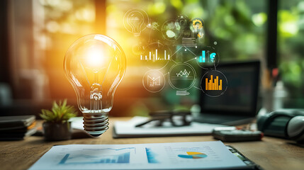 A conceptual image showcasing a light bulb as a metaphor for an innovative breakthrough and smart idea, symbolizing genius marketing strategy planning and creative thinking in business